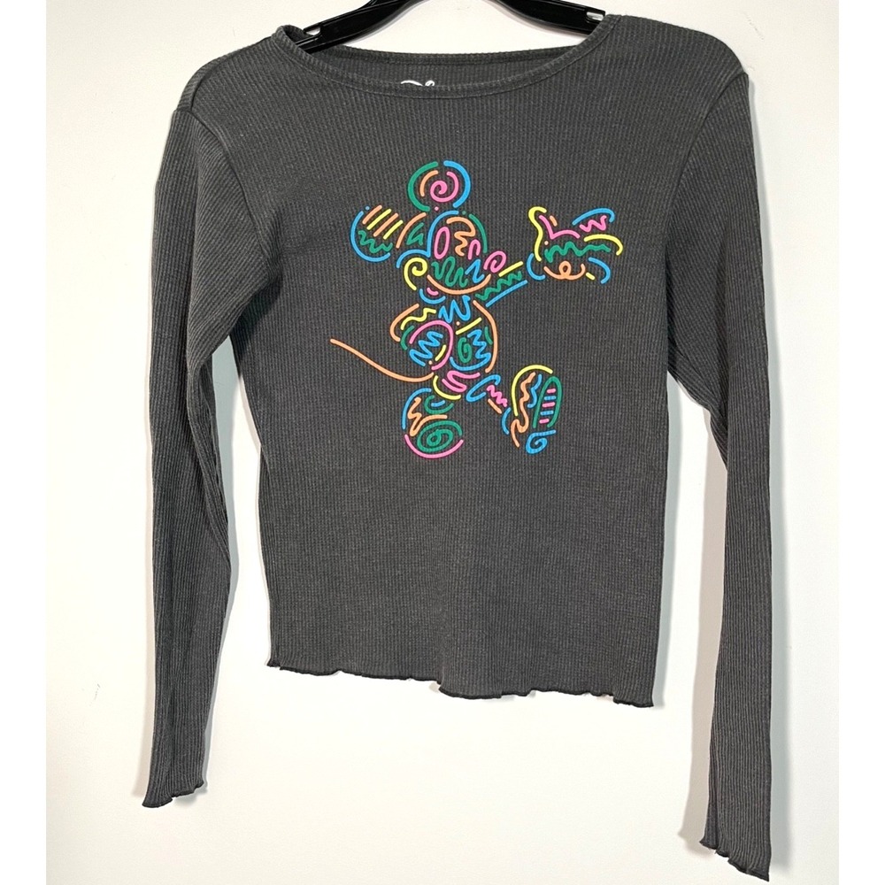 Disney Mickey Mouse Juniors/Women Sz S Baby Tee Neon Graphic Thermal Scalloped
